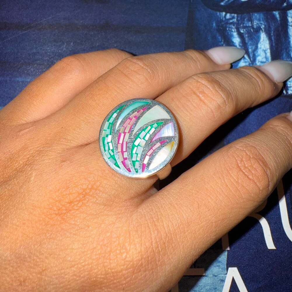 Mother of Pearl Mosaic Ring 925 Silver Size 8 Artisan